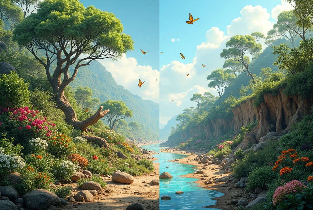 One side with vibrant flora and fauna and the other side with declining species and damaged habitats.