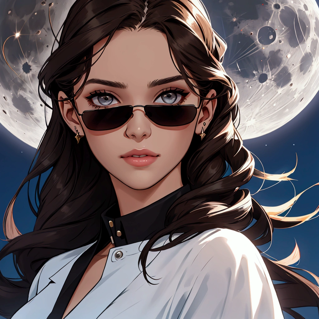 Create face of young woman with dark brown hair, to wear black sunglasses, under the moon