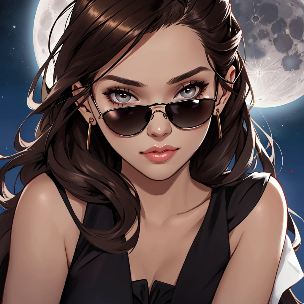 Create face of young woman with dark brown hair, to wear black sunglasses, under the moon