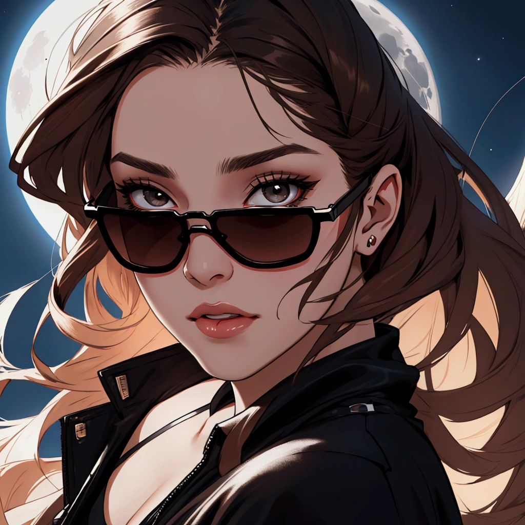 Create face of young woman with dark brown hair, to wear black sunglasses, under the moon