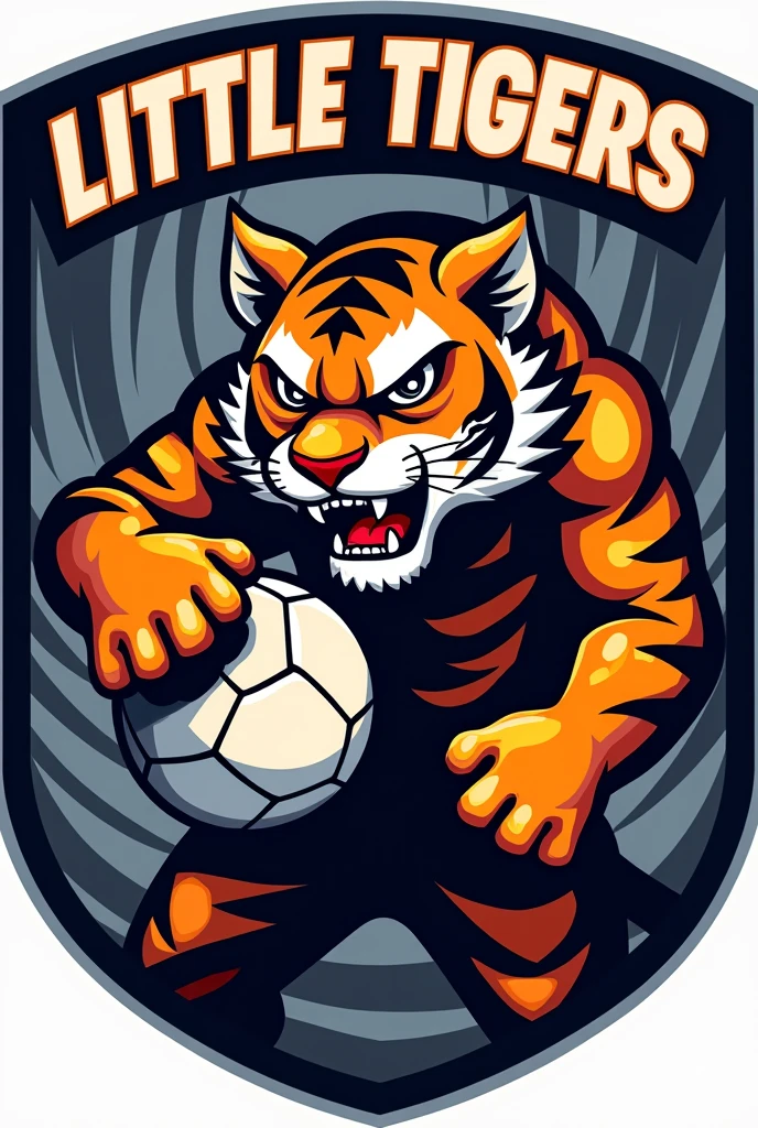 Com base no big tiger. Create a handball team shield, with the name "little tigers", where the tiger will represent the little tiger. The animal must have a handball in its hand, no people in the picture Tiger has to be angry MAKE IT MORE COMPETITIVE 


