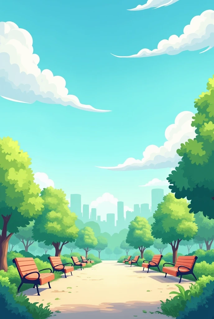 PARK WITH BENCHES (Chairs) animated style.  without people, WITH CLOUDY WEATHER WITH HORIZONTAL FORMAT
