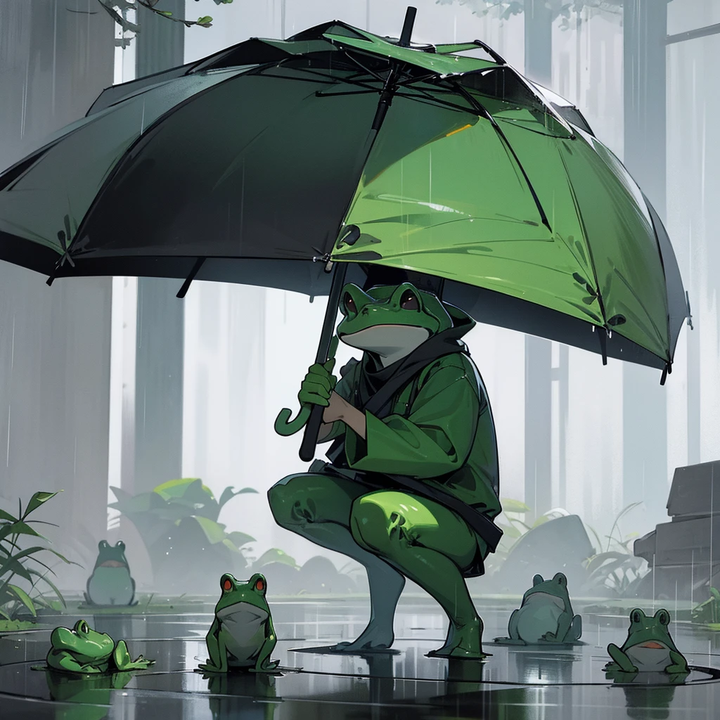 A frog enduring heavy rain with an umbrella
