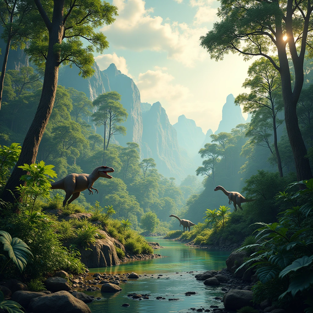 Ultra-high resolution，High-resolution details，Jurassic forest，There are dinosaurs in the distance，There are lakes and streams in the distance，Vibrant colors，Bright，Depth of Field
