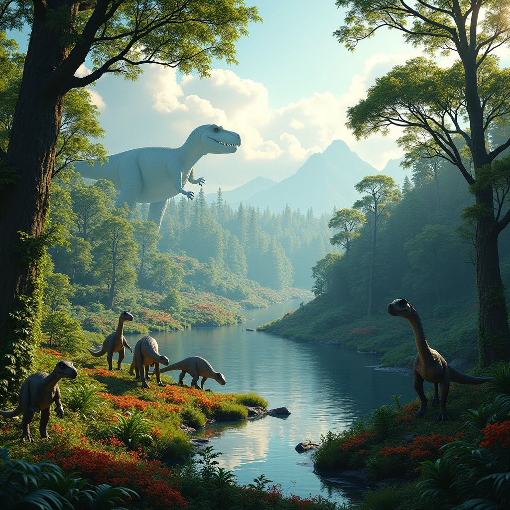 Ultra-high resolution，High-resolution details，Jurassic forest，There are dinosaurs in the distance，There are lakes and streams in the distance，Vibrant colors，Bright，Depth of Field
