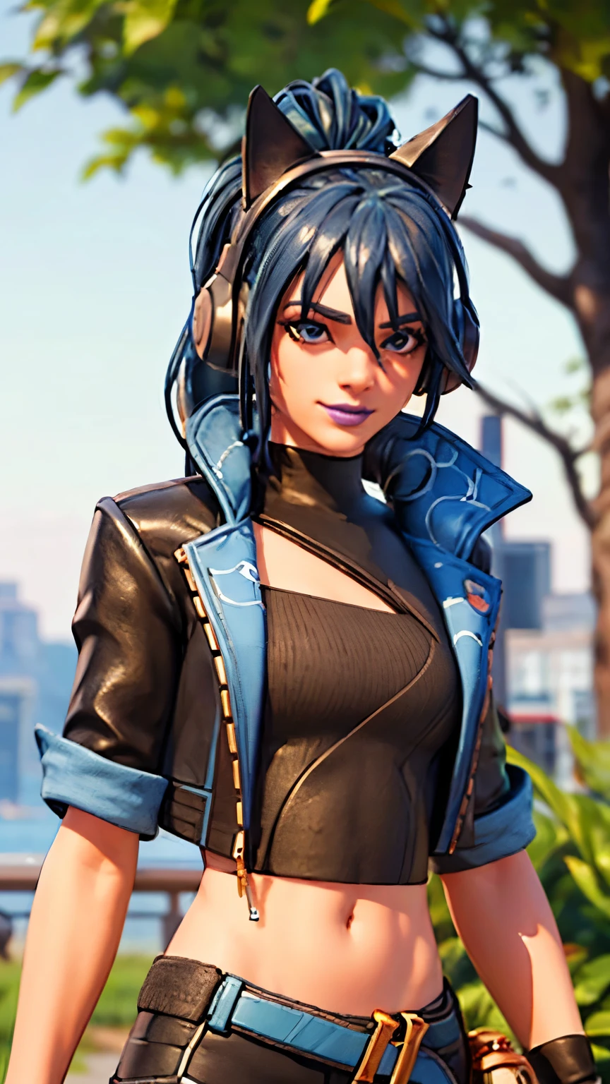 Forest background, 1girl, solo, HeroicHopeFN, Heroic Hope from fortnite, (crop top, black top, open clothes), (jacket crop top, black jacket, blue loose, jacket loose), fingerless gloves, black pants, blue belt, blue hair, ponytail, blue eyes, headphones, cat ears headphones, holster, holster spray cans, purple lips, lipsticks, smirk