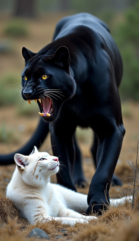 "A scene of two majestic big cats in the wild, featuring a black panther standing over a resting snow lynx. The panther is standing triumphantly, mouth open as if growling or roaring, with its muscular body on full display. The snow lynx lies beneath, appearing relaxed with closed eyes. The setting is a natural landscape of dry grass and sparse greenery in the background."