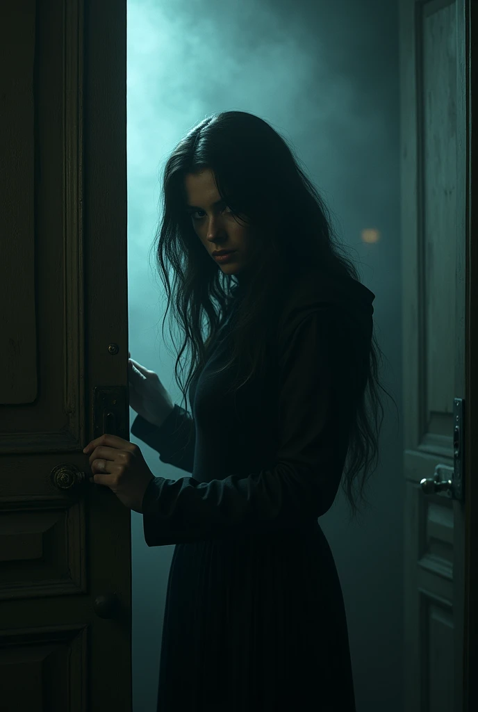 (best quality, masterpiece, ultra detailed, ultra high res, photorealistic, raw photo, absurdres, absolutely resolution), anime、woman is the main character、mysterious、Suspenseful Tone、Dark tones and shadows、A little creepy atmosphere、Surrealism、Dark fantasy、
The scene where the main character keeps knocking on the door。
