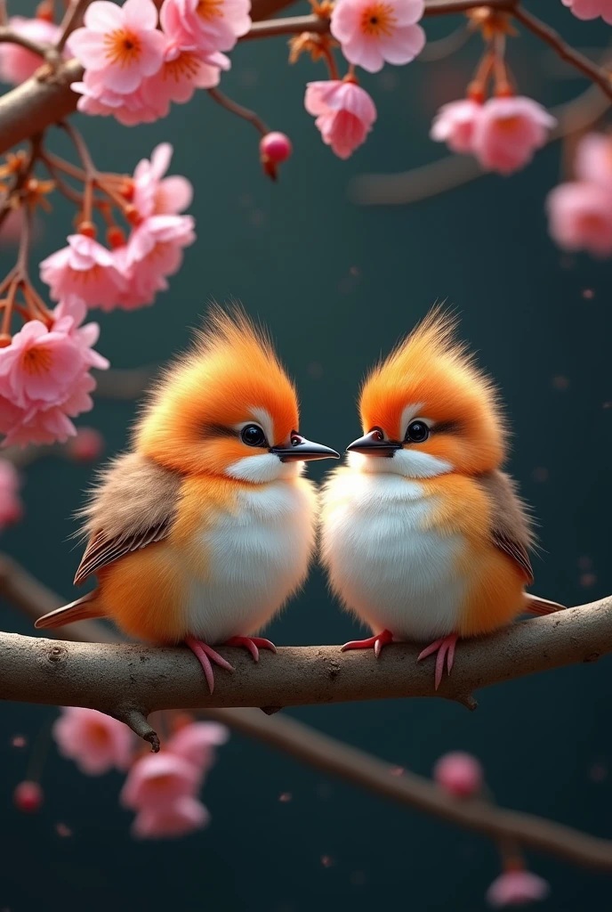 A captivating and surreal photographgraph of a cute extra fluffy two baby ワライカワセミ rendering of ソメイヨシノ, Dark Background. feather, Bright colors, The background provides sharp contrast、Engage your audience'Note., photograph, 3D Rendering, Conceptual Art