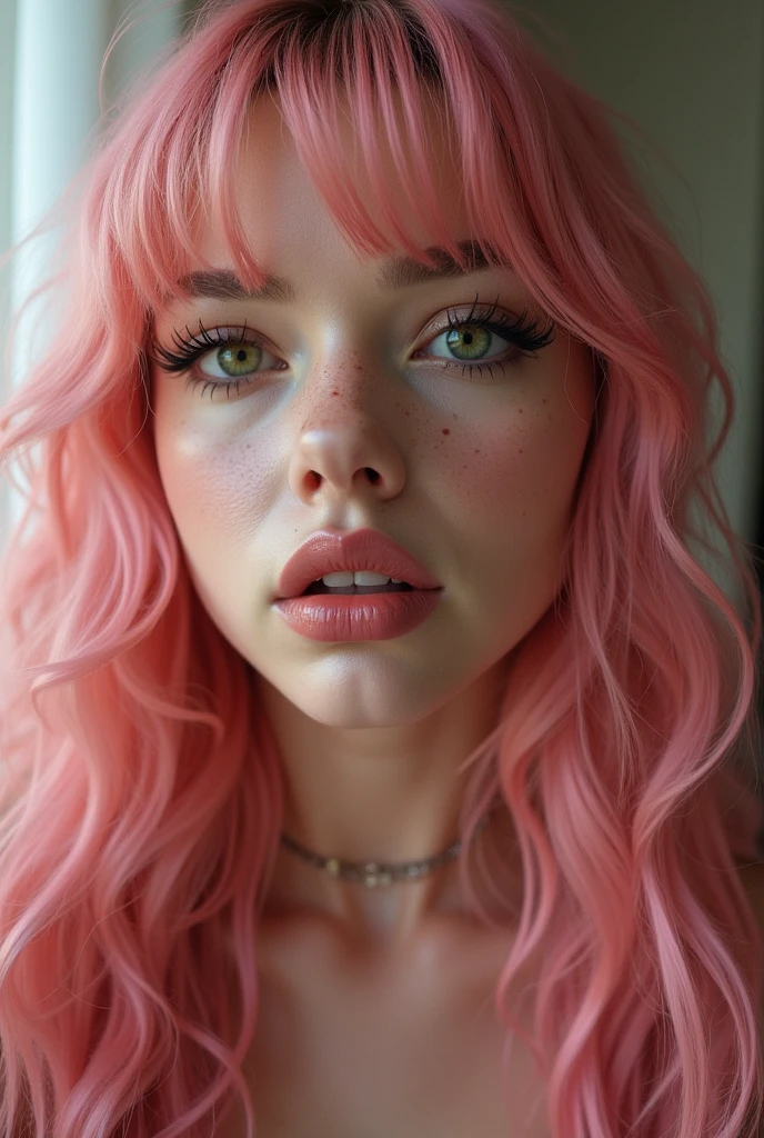 One young woman, 21 years, e-gril de greeneyes, celebridade, role model, descendant of Korea and Ukraine, mix of Asian and European her appearance similar to Billie Eilish, Belle Delphine, hannah money. Lindos greeneyes, greeneyes naturais, ((greeneyes)), iris needs, correct cornea, detailedeyes, Symmetrical eyes, Incredible details, intricate. thick eyeliner and big lashes. fleshy lips, mouth completely closed, without showing teeth, sexy expression, sealed lips, lips together, mouth shut, mouth tightly closed, united mouth, without opening your mouth, no smile, Smile without showing teeth!! Your cheeks are beautiful, has freckles, strong makeup and pink blush. She is white, smooth porcelain skin. She has long pink hair, voluminous pink hair, pink hair between the eyes and pink bangs. She has Alina Lopez has perfect skin, Perfect Anatomia, breasts big, breasts big, silicone breasts, big breasts, Erect nipples, She has large (Breasts huge), Waist slender, Masterpiece artwork、Obscene and bold, Waist slender, Broad Hips, big-ass, turned legs, muscular thighs, big-ass perfeita, very thick thighs, tabby abdomen. Alina Lopez hourglass body, very sexy. ultra realisitic, 4K, ultra HD, Render 4k, CRU, 8k, work of art, film composition, softshadows, film grain, cinematographic film, depth of field