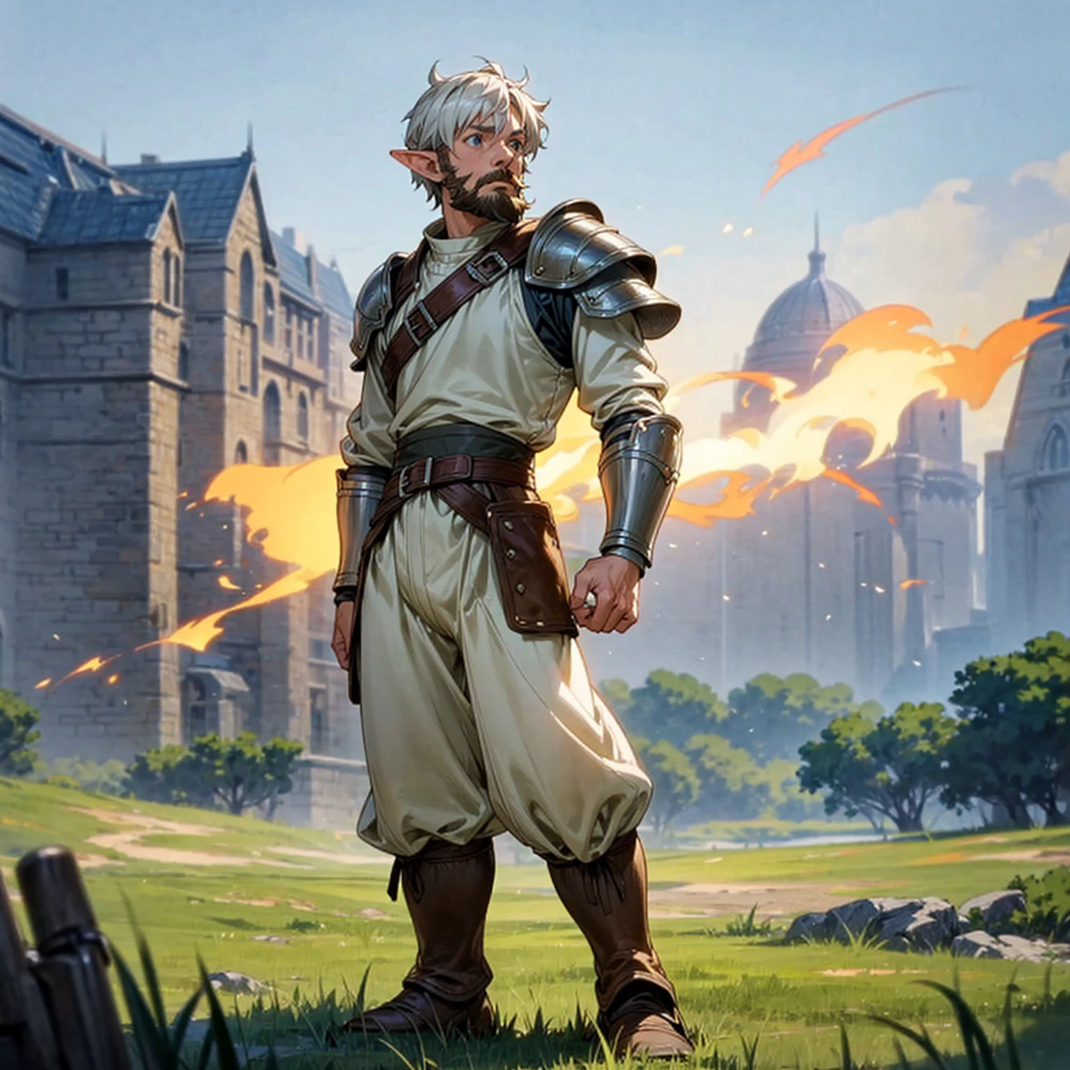 Solo character, full body version, old man, muscle, thin beard, (elf), blue eyes, white color hair, short Curly hair, white shirt, long pants, boots, outdoor, field, Greenland, medieval, standing gesture, detailed background, detailed clothing, detailed hair, (Makoto shinkai style art), armor, Fire effect on background 