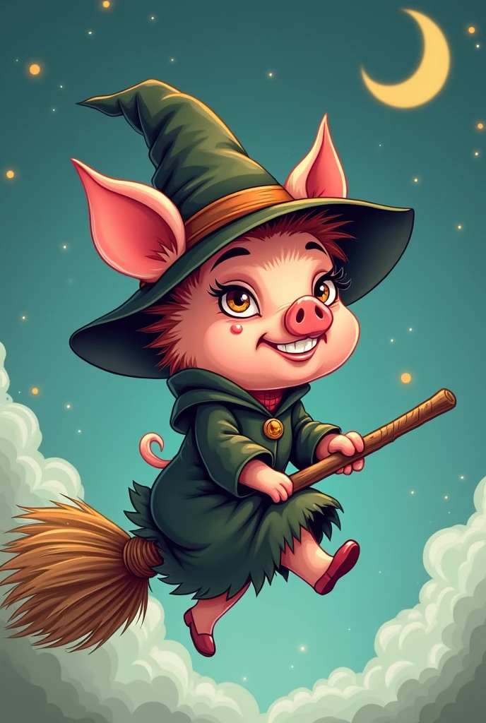Make me a little pig witch in the style of the 3 little pigs in cartoon style flying on a broom, less kwai and smaller, less cute and small in the drawing sense, not in age.