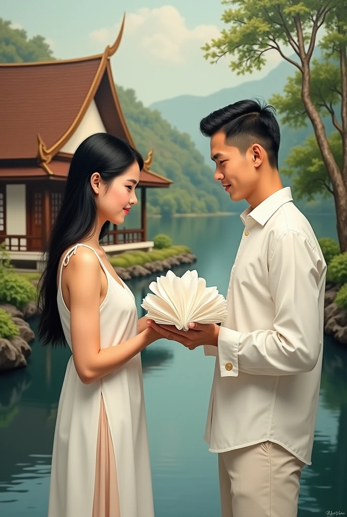 In front of a Thai house by the river, a young woman in a white dress has a beautiful face and long, flowing black hair. She holds a large white cloth folded into a beautiful square and hands it to a handsome young man with crew cut hair, wearing a white shirt and white pants. He receives the cloth from the young woman. A beautiful Thai house scene, an oil painting, a three-dimensional painting, an art painting by Professor Chalermchai.