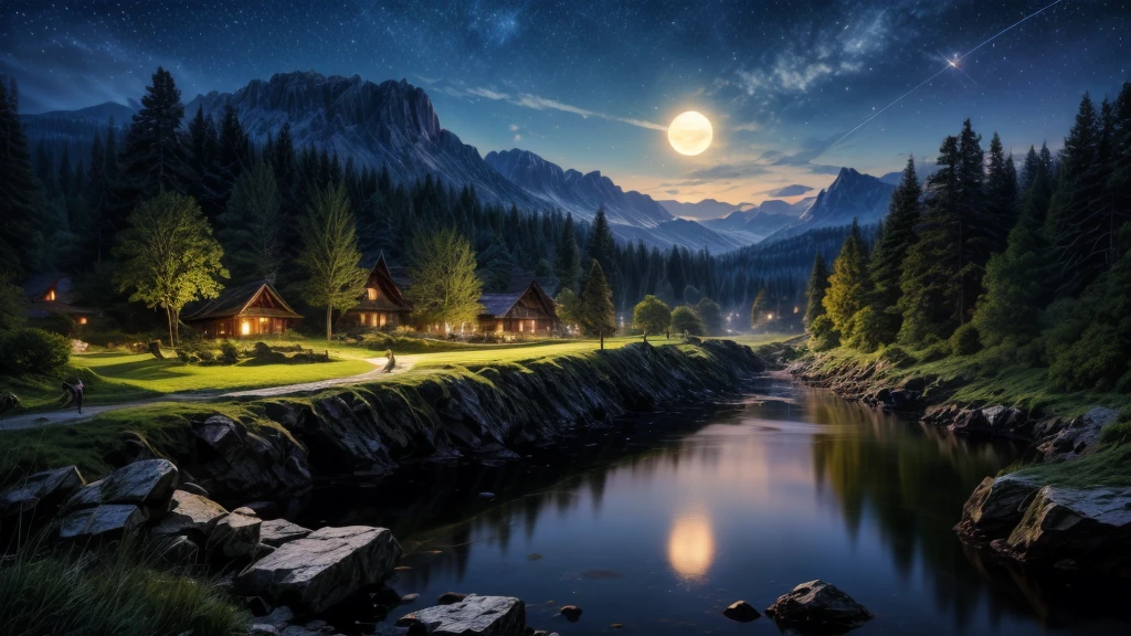 (Logo, Amazing, 8K, Tabletop, Raw Photo, Amazing, Top Quality, Photorealistic and Highly Detailed, CG, High Quality, Highly Detailed, Narrative Verse, Particle Effects, Dynamic Effects, Text Border the depth, cinematic lights, flares, raytracing, tabletop, realistic, ultra HD, fantasy), the wind, the beauty and brilliance of dramatic mountains and rich forests, the serenity and beauty of the world's beautiful grasslands and vast panoramas, glowing clear deep Lake, wonderful scenery, beautiful natural scenery, dusk, starry sky, constellation, faint huge full moon, space, gorgeous, view, clear water, wonder, fantastic, meteor, magic, best illumination, best shadow