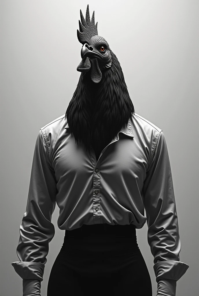 strong and avenging rooster on a human body in a black and white blouse staring
