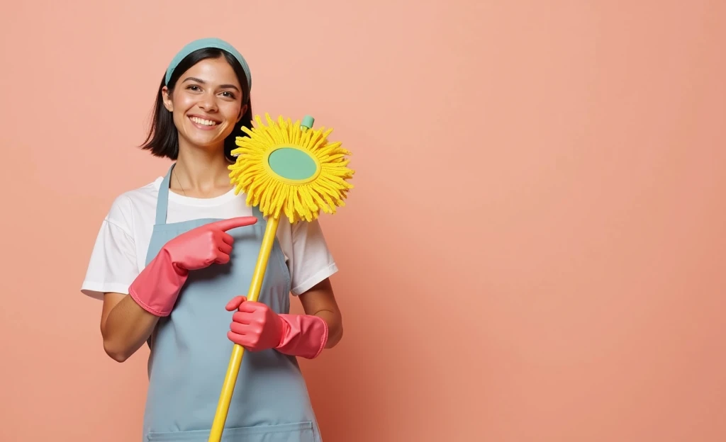 Young woman holding a yellow mop. There's a happy smile on your face, short-hair, smooth and black, with a headscarf. His skin is of medium tone. She wears green cleaning gloves, and a blue blue apron. Keep the background plain peach color and the model pose the same, pointing to the mop.