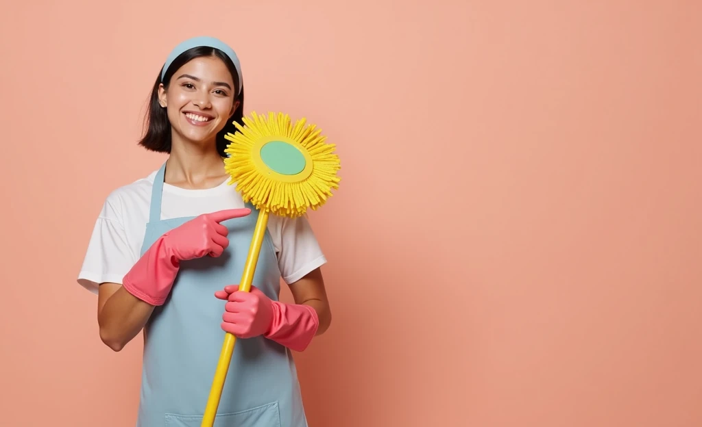 Young woman holding a yellow mop. There's a happy smile on your face, short-hair, smooth and black, with a headscarf. His skin is of medium tone. She wears green cleaning gloves, and a blue blue apron. Keep the background plain peach color and the model pose the same, pointing to the mop.