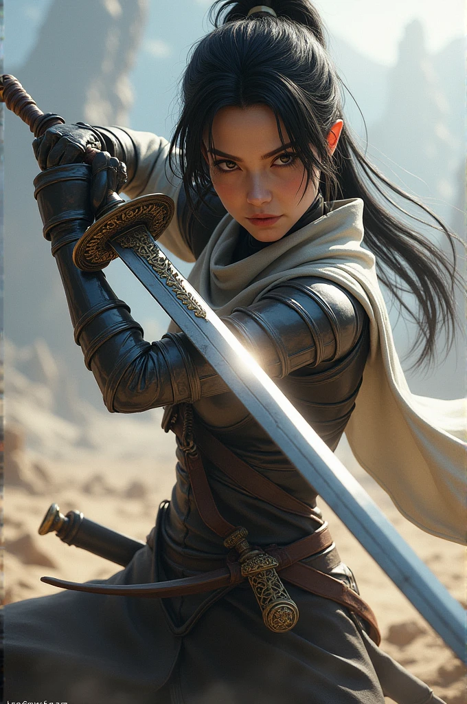 Female character named Mysuke wielding a sword with her face facing forward