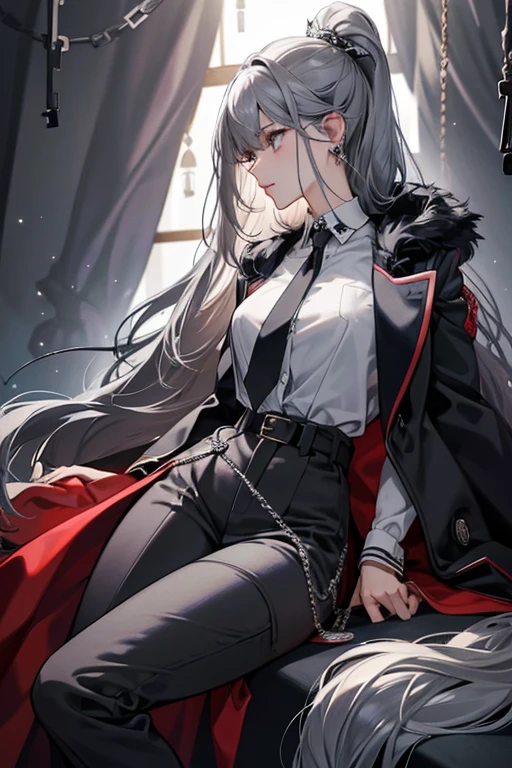dark grey hair. she wears a dark grey coat with a crimson lining, rhomboid silver buttons, and dark fur trim around the collar; a grey vest with a darker grey button-up shirt beneath and a loose red necktie; grey pants with handcuffs hanging from herbelt; and tall black boots. Her arms and neck are haphazardly bound in black bandages. sHe has multiple silver stud and cuff earrings in her ears asymmetrically; silver rings on each finger; a spiked silver necktie ornament; and a large silver brooch shaped like a side profile of a wolf with draping chains, with a matching silver ornament on herleft hand. Her Ousia-aligned Cryo Vision hangs upon the back of her coat. SPARKLE; GLITTER