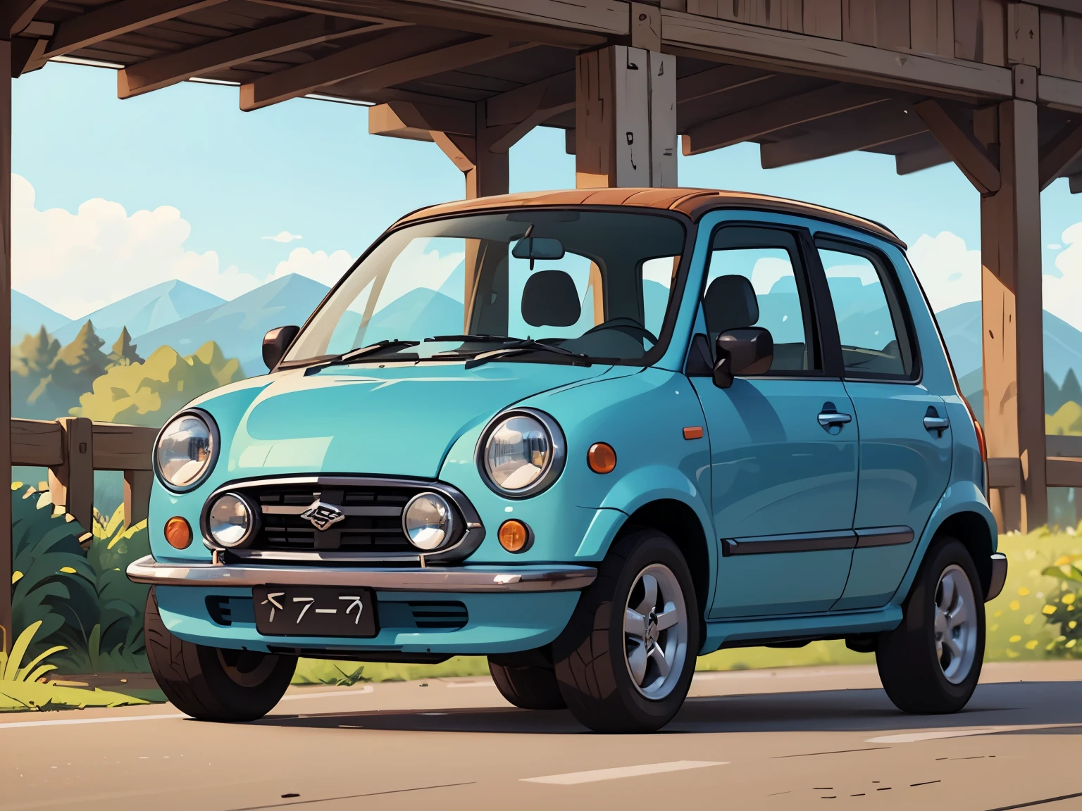 Octane Rendering、(Hyper Detail: 1.2)、(Soft Light、sharp: 1.2)、morning、countryside、A very small old red modified minicar，Front spoiler，Rear wing，Over fender，Sports Muffler，Very short dress、Cute girl，Driving a car，Dynamic Driving Experience，countrysideの農道，countrysideのライフスタイル，Fast and Agile，Nimble handling，Drifting in style，sneakers，Anatomically correct，Laughter，Dazzling Light，It will happen:1.2，Tamiya box art:1.2，