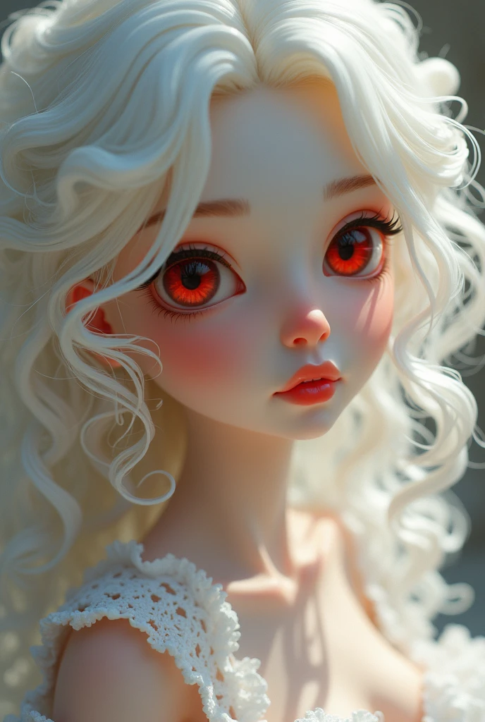 Create a woman with delicate features, heart shaped face, red lips, light eyelashes pale skin, curly white hair, Eyes red, small nose and big breasts. She gives off an air of innocence, with a doll's face, eyes large