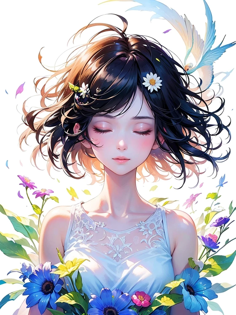(masterpiece、Highest quality、Highest quality、Beautiful and beautiful:1.2)、Excellent anatomy、(Watercolor painting 1.5)、Long Shot、straight short hair images、Trendy Hair Color, Beautiful Face、Beautiful profile, Looking up to the sky, I close my eyes and pray, Fairy, 蝶のFairyのコスチューム、Pure white、Pure、charm, Colorful flowers of different colors, Flower and leaf wind、Botanical Art,