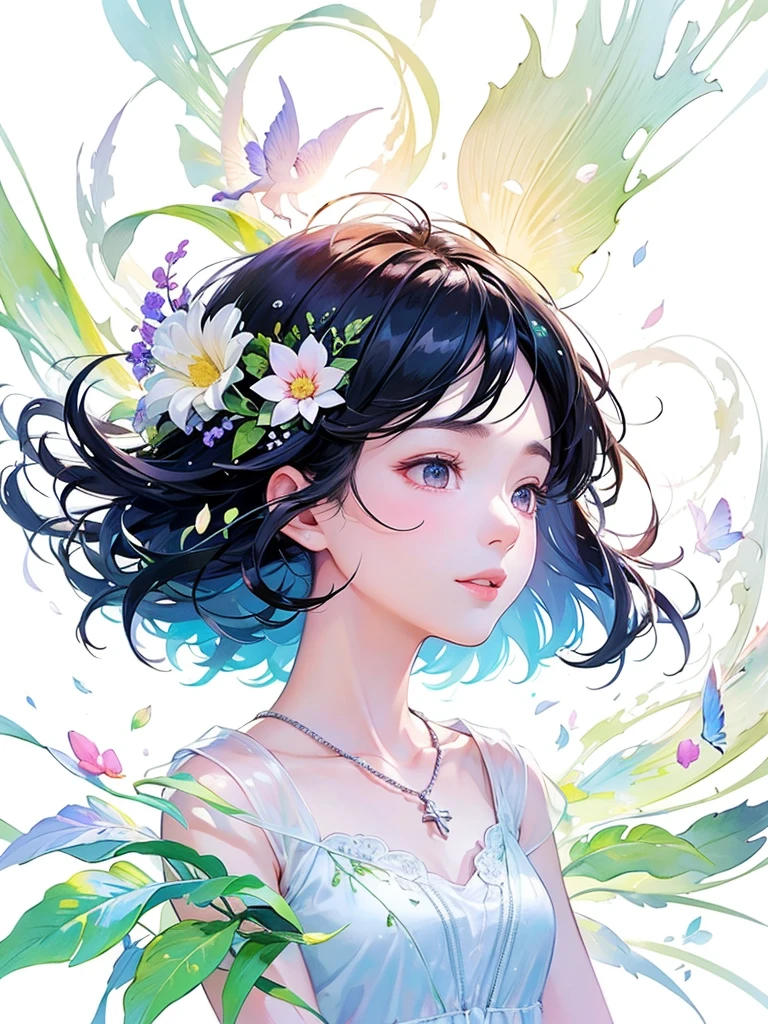 (masterpiece、Highest quality、Highest quality、Beautiful and beautiful:1.2)、Excellent anatomy、(Watercolor painting 1.5)、Long Shot、straight short hair images、Trendy Hair Color, Beautiful Face、Beautiful profile, Looking up to the sky, I close my eyes and pray, Fairy, 蝶のFairyのコスチューム、Pure white、Pure、charm, Colorful flowers of different colors, Flower and leaf wind、Botanical Art,