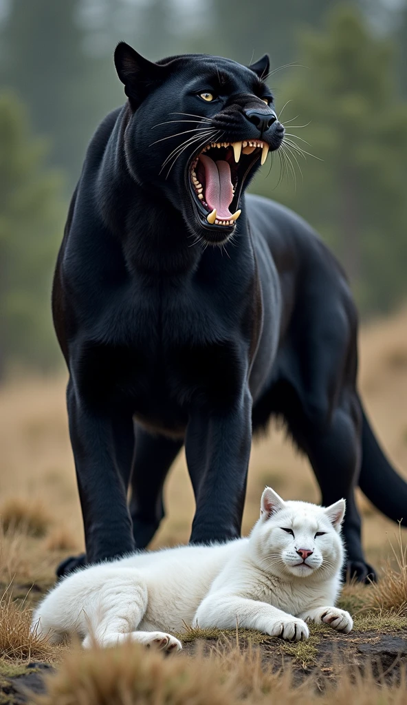 "A scene of two majestic big cats in the wild, featuring a black panther standing over a resting snow lynx. The panther is standing triumphantly, mouth open as if growling or roaring, with its muscular body on full display. The snow lynx lies beneath, appearing relaxed with closed eyes. The setting is a natural landscape of dry grass and sparse greenery in the background."
