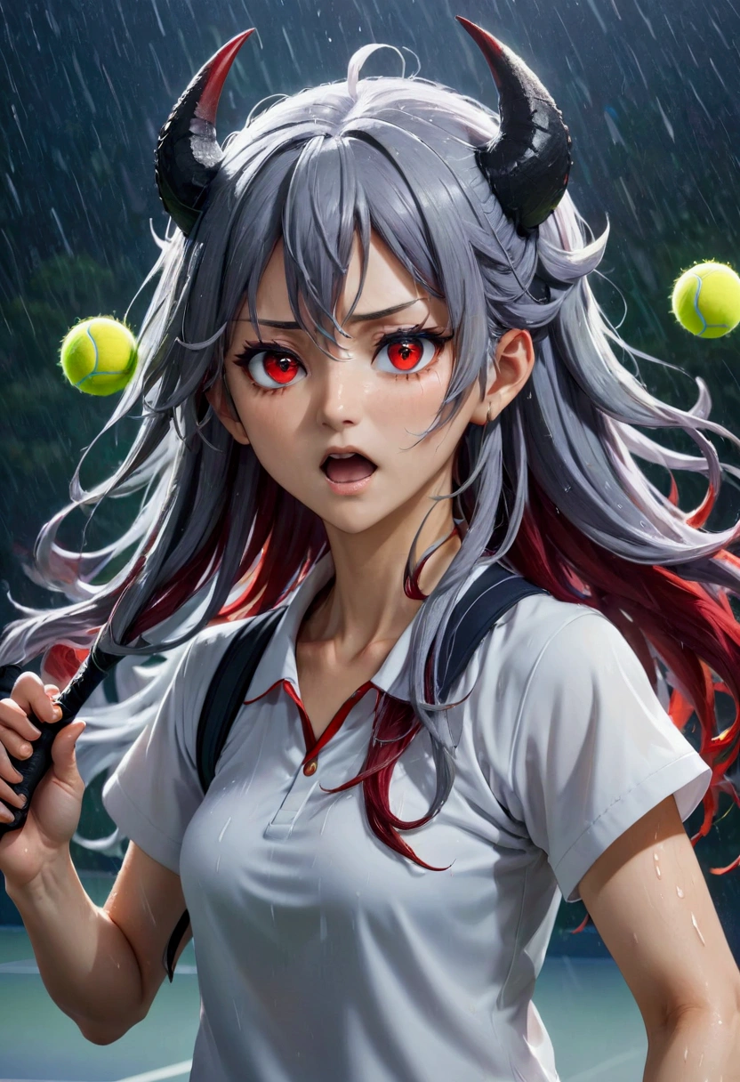 8k, Highest quality, Manga style, View your viewers, Intricate details,One person, Nakiri Ayame, 6 alternating devil black wings, ２Demon horns in the book, Multicolored Hair, Long Hair, Red eyes, Gray Hair, Tennis Wear, tennis racket, The moment the tennis ball is hit back, Sweating, Full body portrait, Being hit by rain, Soaking wet