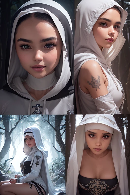 A young priest girl with European features, riding a animal, lovely charming face, having White silver skin tone pigmenting texture , ( full body perfect detailed masterpiece), ( dark skin tone texture masterpiece ), ( native Tribal hairstyles look), ( having a illuminating white silver crystalized wavy short hair ), ( has a artistic tattoos ),(( wearing hoodie of nun design)), (smiling, with exposed teeths showing open mouth)(perfect full body detailed anatomy), (Super accessories detailed), (fighting  pose), (perfect detailed crystal Gray sparkling eyes),(wearing illuminating gemstone crystalized accessories  hair), ((expose big hard erect nipples))(( exposed panty, with pussy clitoris exposed and  slip showing))((legs wide open showing pussy line))(( Wearing transparent illuminating see thru priest  costume )), (( holding a incense)), (( illuminating different lights covering the sorrounding atmosphere forest  with  a misty shadow effects showing)) ruins back temples with many flora and fona rarity, on its back wearing monk cape detailed design, has deadly presence, ((having 7 different perspective view of that same girl & face profile sheet character style ))