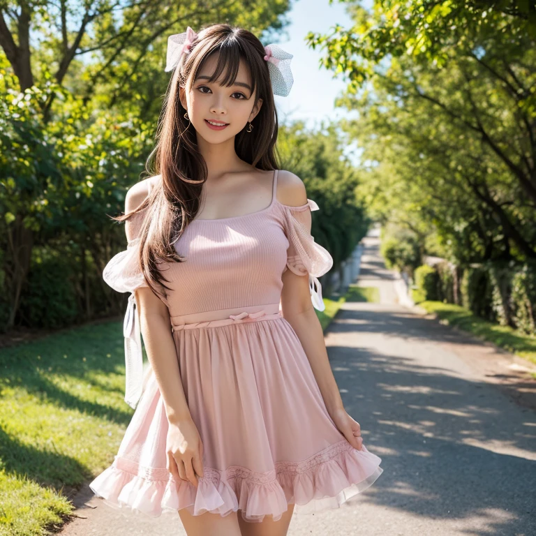 laughing out loud,travel scenery photos,outdoors,Put on a fluffy dress,mesh dress,puffy dress,肩上有???? sleeves,???? sleeves,公主???? sleeves,???? sleeves蓋住肩膀,???? sleeves cover shoulders,Short sleeve,A-line dress,T, Fluffy and lightweight dress,(The dress is made of mesh), There are pink ribbon bows on both sides of the collarbone.,High hem A-line skirt,1 female, On the face, light brown hair, blunt bangs, hair behind ears, Shoulder length hair, long hair, Slender body type, 超face slimming型, face slimming, delicate lips, beautiful eyes, Thin blush, Eyes are light brown,Check it out here, (actual:1.3), One person's perspective, 8k, Super detailed, high quality, best quality, High resolution,2,above knee shot,Breast protrusion,plump breasts, Breasts in clothes,Clothing covers the breasts