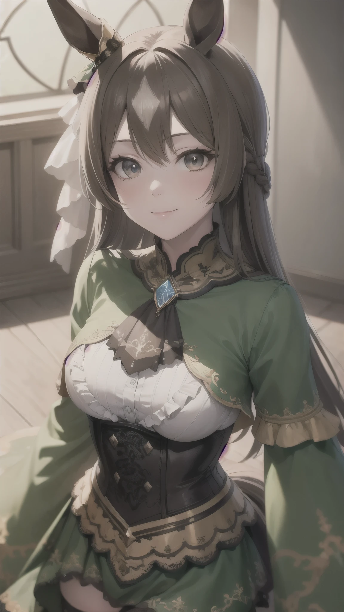 masterpiece, best quality, ultra-detailed, glistening shiny, glowing light, ray tracing, HDR, deph of field, (perfect face, detailed face, detailed eyes,perfect hands,perfect fingers), 8k,HD,ultra realistic face,ray tracing,perfect lighting,best quality, ultra-detailed,
looking at viewer, blush, smile, aasato, long hair, half updo, braid, hair between eyes, animal ears, ear ornament, horse tail, breasts, frills, black ascot, green dress, (sleeves past wrists:1.2), black thighhighs,