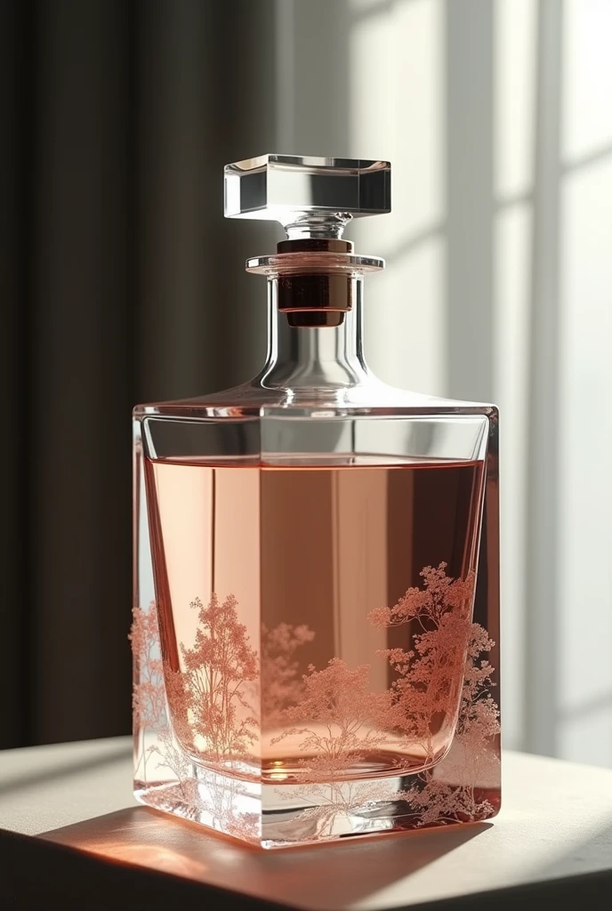 A product photo of a wine decanter,square wine bottle,Glass material, with ink and wash landscape patterns on the surface,Chinese painting,Perfume bottle,artistic silhouette,High-end elegance,Chinese Culture,Chinese style,high quality,surreal style,Square wine bottle,Metal bottle caps