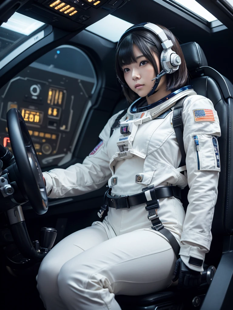 masterpiece, Highest quality, Very detailed, Japanese Android girl, Beautiful 2 Japanese woman, Plump,Control panel,Android,cyborg,Blunt bangs,Sitting in the cockpit of a spaceship and piloting it,The control stick is in the center of the seat.,astronaut,Thick harness belt,Full-face helmet,
