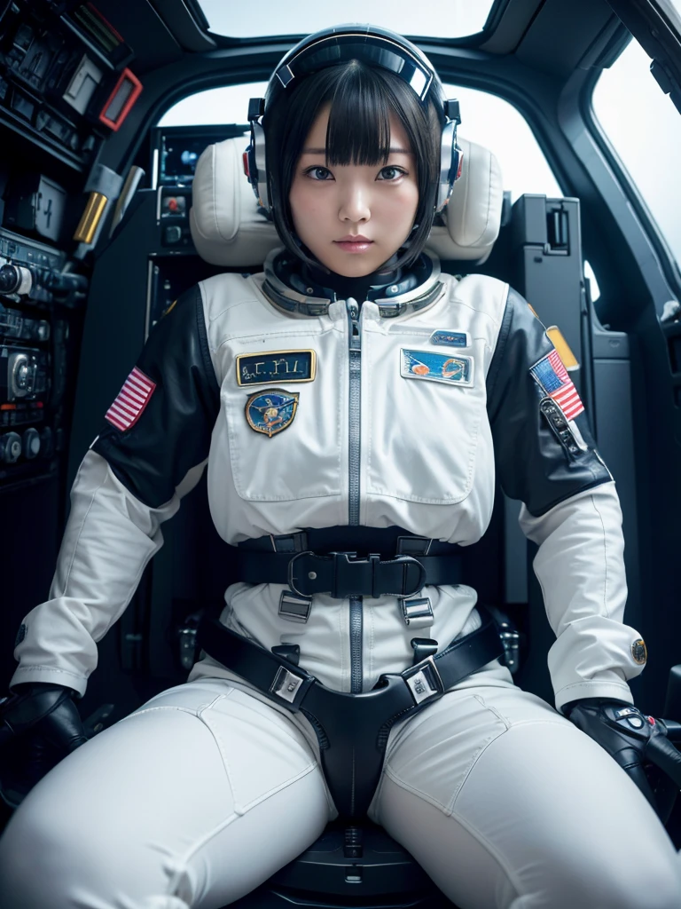 masterpiece, Highest quality, Very detailed, Japanese Android girl, Beautiful 2 Japanese woman, Plump,Control panel,Android,cyborg,Blunt bangs,Sitting in the cockpit of a spaceship and piloting it,The control stick is in the center of the seat.,astronaut,Thick harness belt,Full-face helmet,