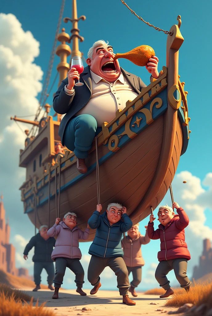 3d anime, a lot of people, carrying a ship on his back, that has a fat politician on top, paunchy, with a crazy face, eating a huge chicken leg and drinking a glass of wine.