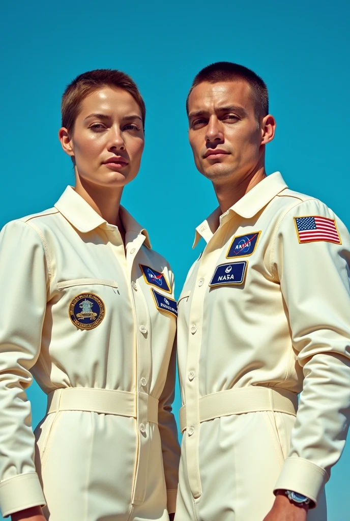 Create a professional profile picture of a 2 man, dressed in a NASA uniform, offwhite, heavy, with very short brown hair and, Por fim, a blue sky background.