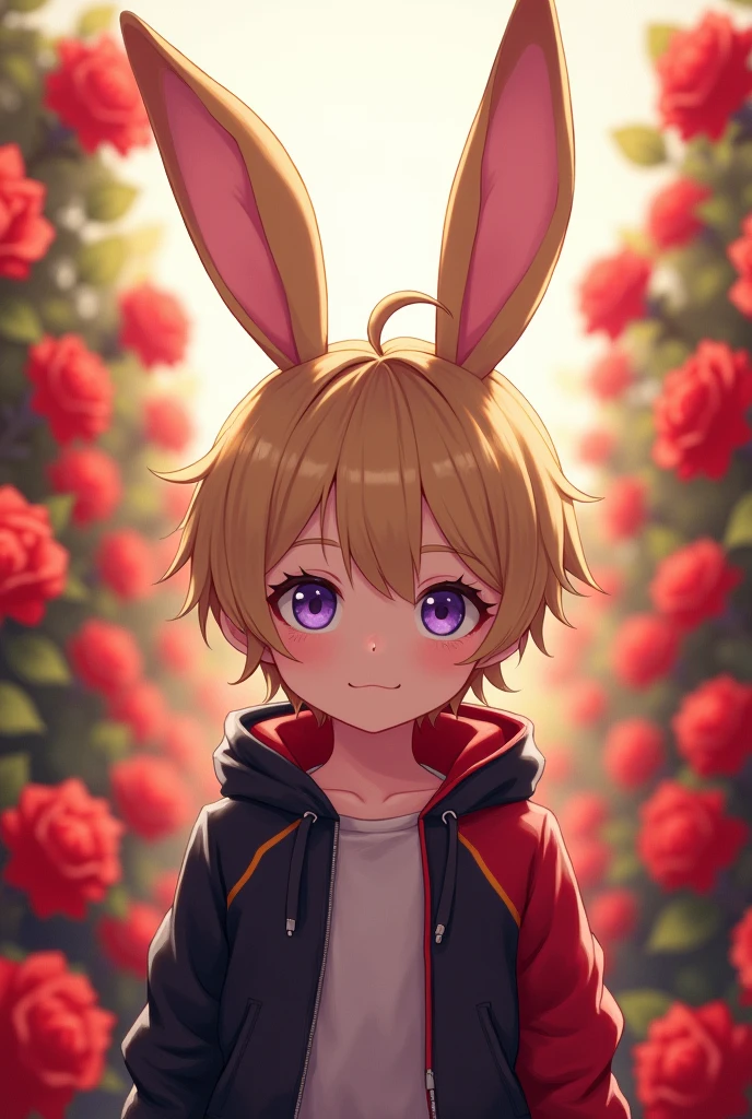 Blonde haired boy with violet eyes resembling Yoosung Kim from Mystic Messenger. She is 2 and has long brown hare ears with pink inside., with a background of a garden of red roses.
Clothing of a jacket with red and black colors