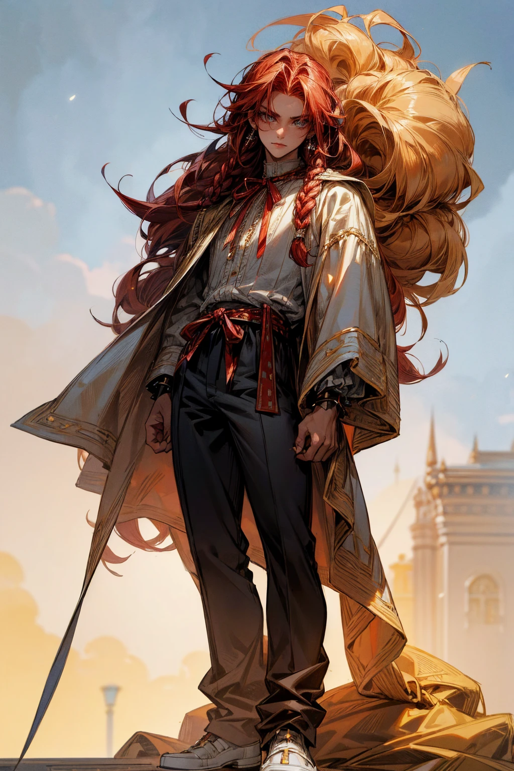 Masterpiece Quality, Perfect Generation, Sclera, Detailed Eyes, Skin, Bright Red Braided Hair, Muscular, Casual Expensive Clothing, Calm Expression, , Mansion Background, Full Body, Tanned Skin, , Studded Earrings, Ribbon In Hair, Standing, Male