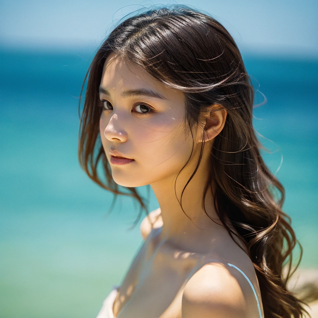 A hyper-realistic image of a single Japanese woman in her early 20s, captured with the nostalgic warmth and subtle graininess of a film camera, showing her from the shoulders up as she stands on a sunlit beach. Her skin has a warm beige tone with a natural, slightly rough texture that includes visible pores, fine lines, and subtle imperfections such as small blemishes, enhancing the authenticity of her appearance. The soft, diffused natural light gently illuminates her face and shoulders, creating a timeless, organic feel with subtle shadows that enhance the film-like quality. Her straight, glossy black hair flows naturally in the ocean breeze, framing her face, and her deep brown eyes reflect the soft sunlight and the shimmering sea. The film camera effect introduces a slight grain and a softer focus, giving the image a warm, nostalgic atmosphere while maintaining the realistic texture of her skin. The composition, focused on her upper body, captures the serene elegance of the beach setting, highlighting her natural beauty and the gentle interaction of light and shadow on her skin. The combination of realistic skin texture, soft natural light, and the film-like qualities ensures that this image presents a lifelike, captivating portrayal of the woman, centered on her face and shoulders.