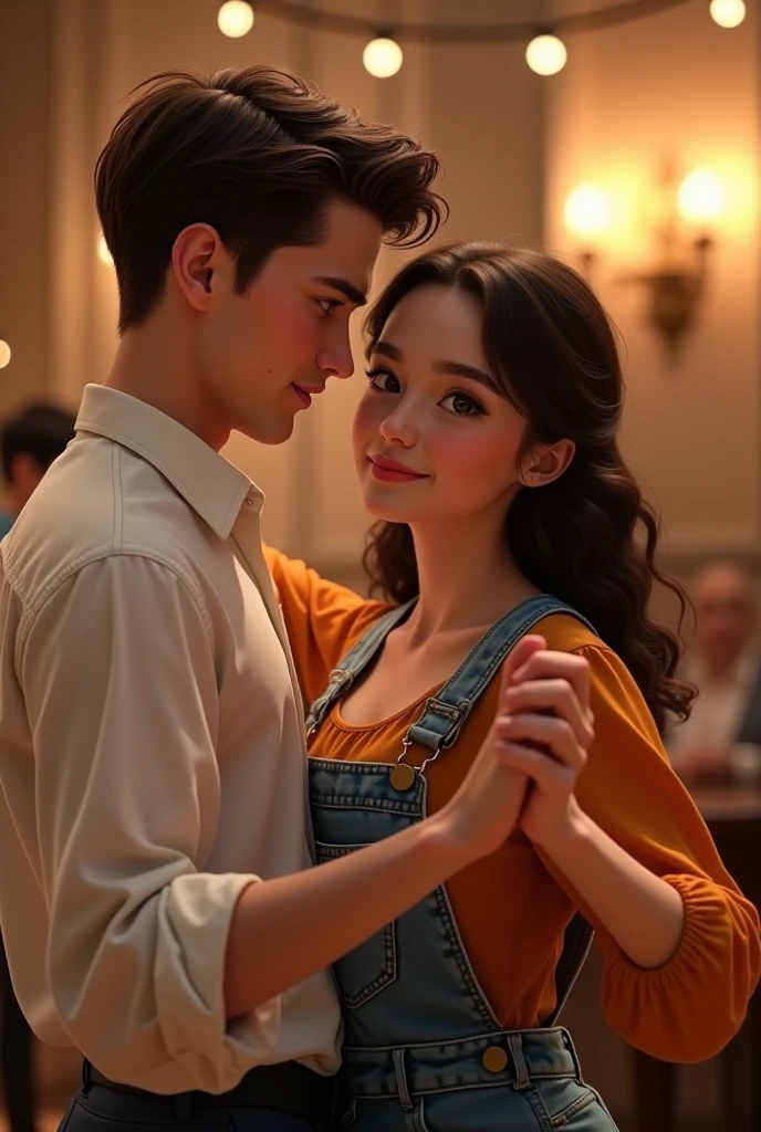 Crie um casal off jovens, Dancing Waltz, um garoto off 20 anos, offwhite, com o cabelo castanho penteado em forma off topete, with a white dress shirt, with 1,70 off altura, and the girl, off , com aproximadamente 1,66 off altura, with dark brown hair just below the shoulder, wavy wires, eyes browns, with freckles, wearing overalls and an orange blouse, realisitic