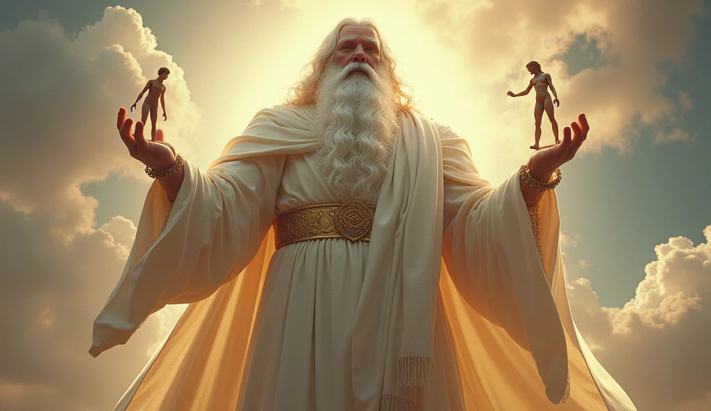 16k, 32k, UHD, masterpiece, best quality, upper body, God, who is super vast and gigantic, wearing white and shimmery gold robe, long white hair, white beard, holding a clay made 2 Adam in his hand. God is super Gigantic and Adam is as mall as God's little finger.