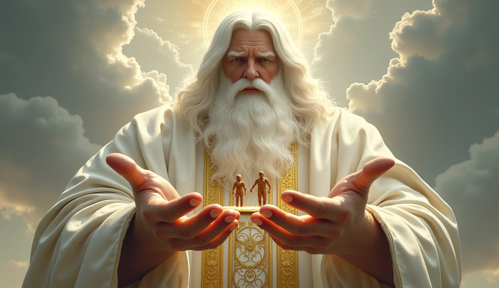 16k, 32k, UHD, masterpiece, best quality, upper body, God, who is super vast and gigantic, wearing white and shimmery gold robe, long white hair, white beard, holding a clay made 2 Adam in his hand. God is super Gigantic and Adam is as mall as God's little finger.
