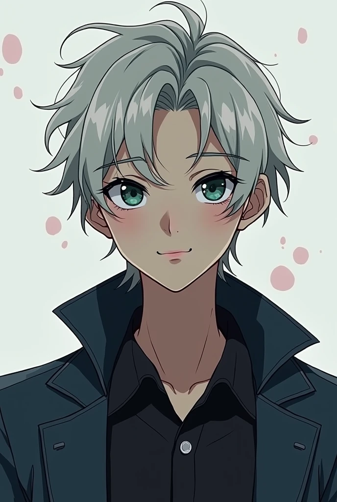 Bernardo stands around 5'9" (175 cm), with a lean, athletic build that speaks to his active lifestyle. His most distinguishing feature, of course, is his hair - an ivory white color that contrasts vividly with his skin smooth and olive. His hair is cut stylishly and slightly messily, with longer layers framing his face and an uneven texture giving it volume. Bernardo are a striking emerald green, almond-shaped and fringed with long, dark eyelashes. They shine with intelligence and warmth, conveying a sense of genuine gentleness. Their eyebrows are straight and well-shaped, adding to the overall impression of an alert and engaged individual. He has a straight nose, slightly turned up at the tip, giving his features a slightly exotic touch. His lips are full and pink, often curved in a gentle, enigmatic smile that makes him approachable yet intriguing. Bernardo's facial structure is clean and elegant, with high cheekbones that add depth and definition to his overall appearance. When dressing for school, Bernardo prefers modern, minimalist outfits in darker tones like navy blue, black and charcoal gray. His wardrobe usually includes fitted button-down shirts, straight pants, and elegant leather shoes. The understated yet polished look complements her natural good looks and adds to her air of quiet sophistication." Do it anime style