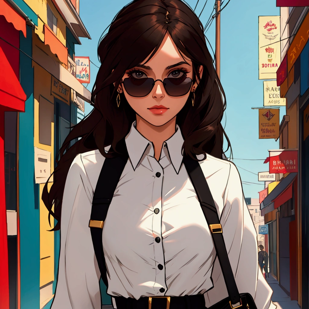 Young woman with dark brown hair, to wear black sunglasses
