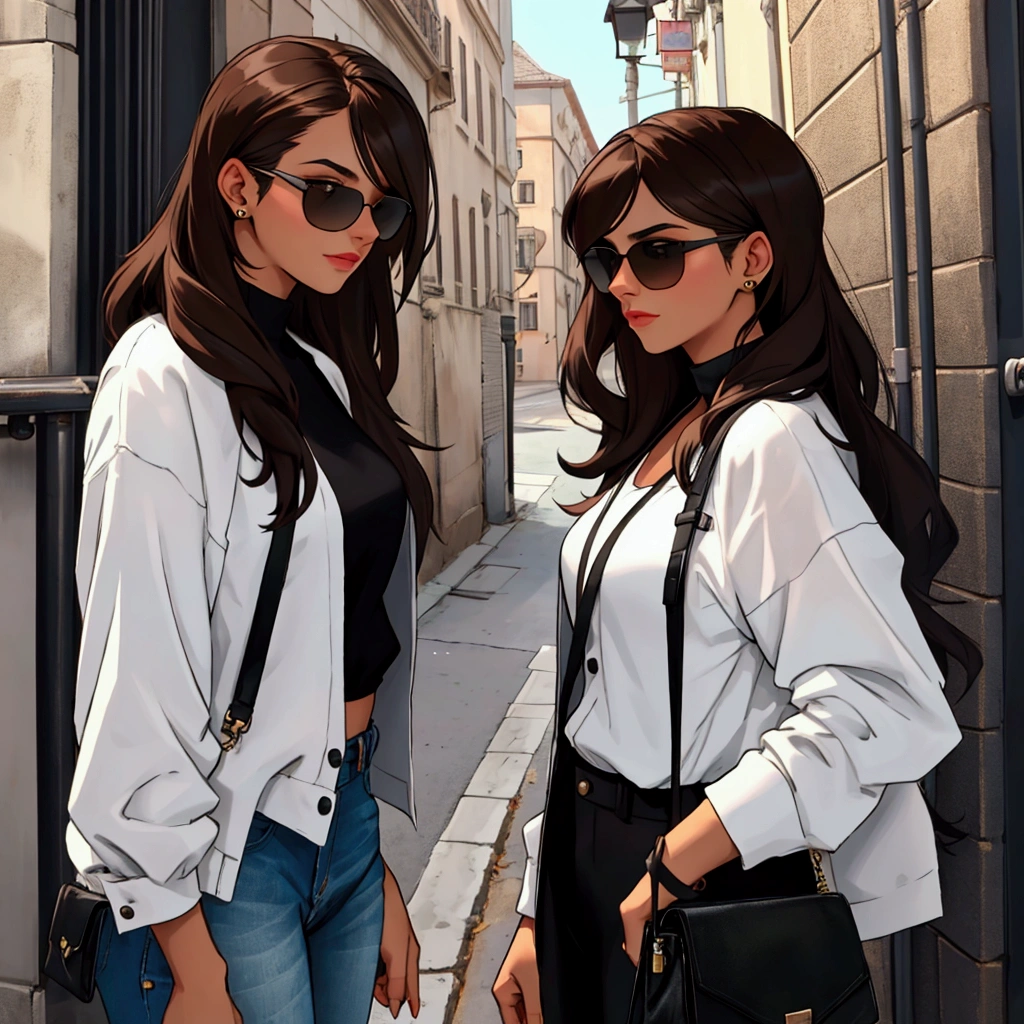 Young woman with dark brown hair, to wear black sunglasses