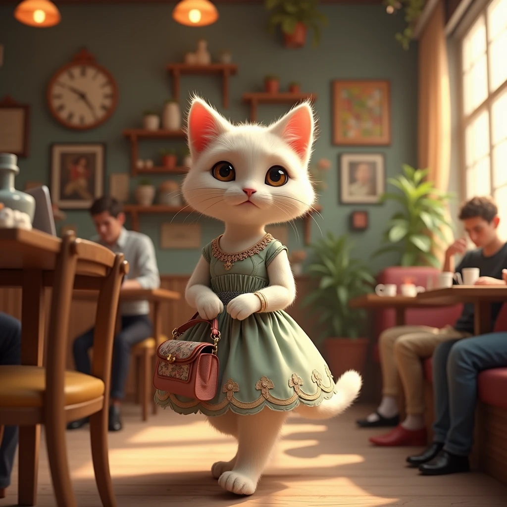 On the background of the cafe、Realistic image of a cat wearing a dress and carrying a bag