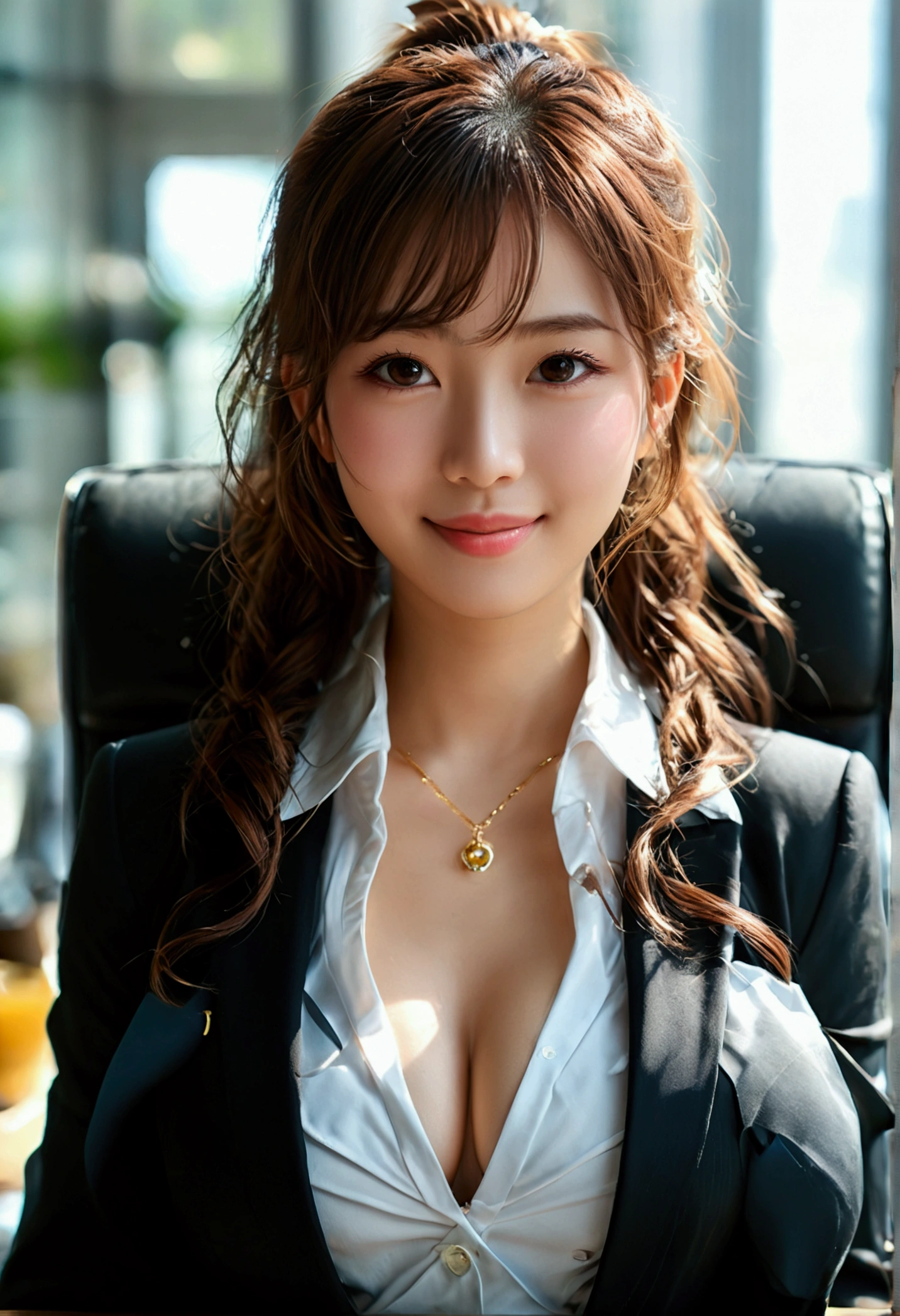 ((最high quality, 8k, masterpiece: 1.3)), (close:0.75), Realistic, Sharp focus, high quality, High resolution, Japanese,Woman with huge 40 inch bust、Idol face、Chubby body type、A girl with huge breasts （Wearing a business suit), ((Very strong sunlight)), smile, Brown hair ponytail,オフィスでカメラに向かいsmileのアップ、Image of cleavage emphasized by bending forward、