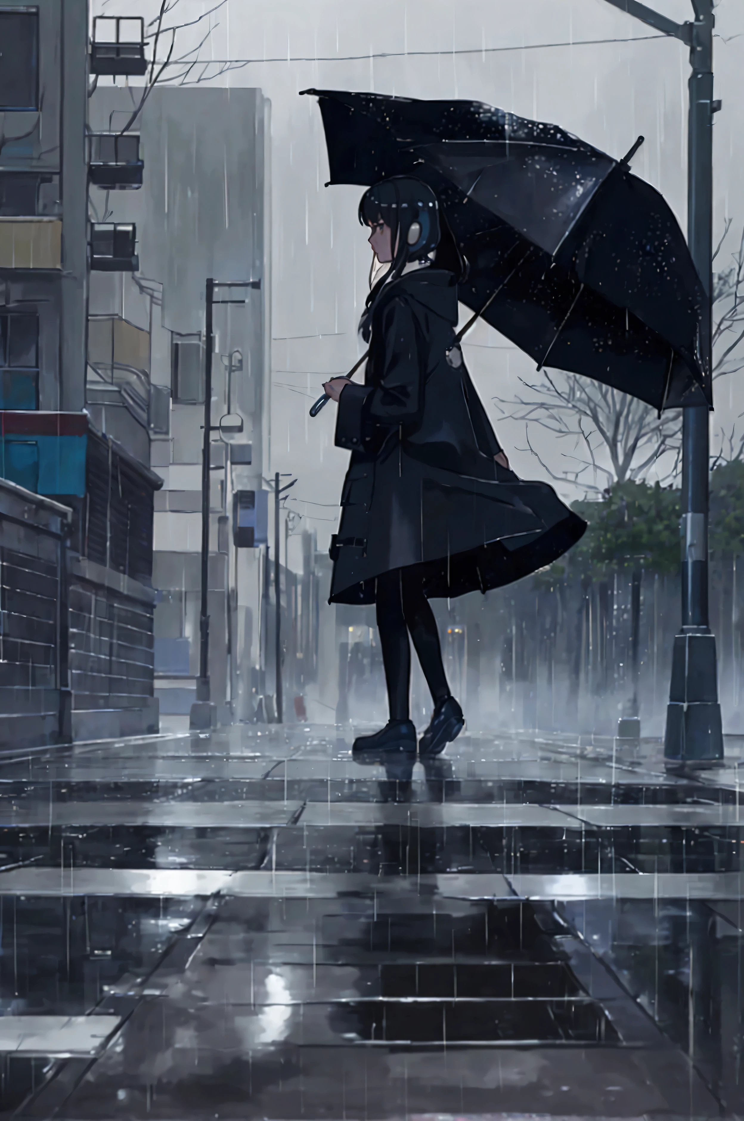 clearing, here is a script for the animation with the description you provided: --- **Title: “Path of Rain”** **Duration:** Approximately 1-2 minutes **Gender:** Short animation, emotional **Scene 1: Introduction** **FADE IN:** **EXT. RAINY STREETS - LATE AFTERNOON** - **Description of the environment:** The scene takes place on an empty urban street. It's a rainy day and the rain is falling steadily. The streets are wet and the car tires make splashes in the water. The sky is gray and cloudy. - **main character:** One young woman (approximately 20 years old), IN WORK CLOTHES, a dark coat and an umbrella that is being partially covered by the rain. She is walking slowly down the street, with a distant look and lost in thought. **background music:** A soft, melancholic music plays, audible only through the girl's headphones. The music is a contrast to the rainy atmosphere, creating an introspective environment. **Scene 2: focus on girl** - **Close-up:** The camera focuses on the girl as she walks. She is looking attentively, but at the same time she seems to be immersed in her own thoughts. Headphones are visible. - **Action:** The sound of the music is muffled, creating a sense of introspection. small details, like water running down an umbrella and raindrops falling on the sidewalk, are highlighted. **Scene 3: Looking Back** - **General plan:** The girl keeps walking, but the camera starts to follow your movement. She seems to hesitate for a moment and then stops.. - **Close-up:** He takes out one of his headphones with an expression of uncertainty.. She looks back., your gaze is a mixture of reflection and doubt. - **detaileds:** The ambient sound of rain is slightly more audible now, blending in with the distant sound of music still coming from the headphones. The expression on her face shows a connection to something that is no longer present.. **Scene 4: Reflection and Return** - **medium shot:** In collection