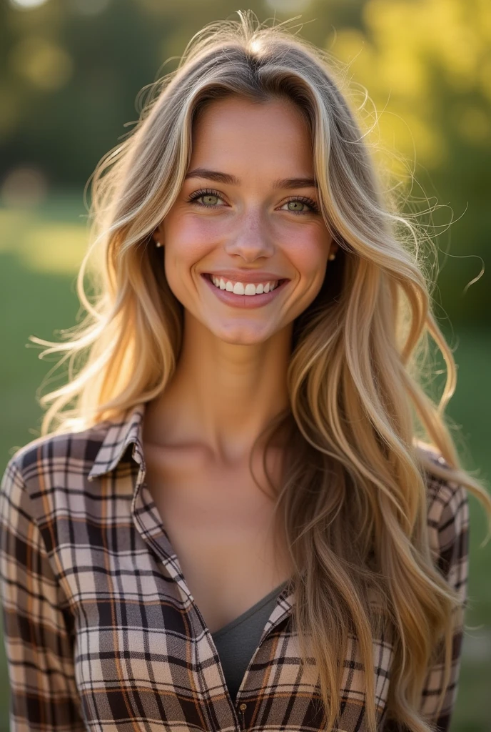 A young woman with long hair, blonde, smiling honey colored eyes, wearing a plaid blouse, 4K ultra realistic full body